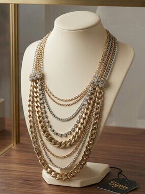 Bijou Cleopatra  gold silver rhinestone layered necklace